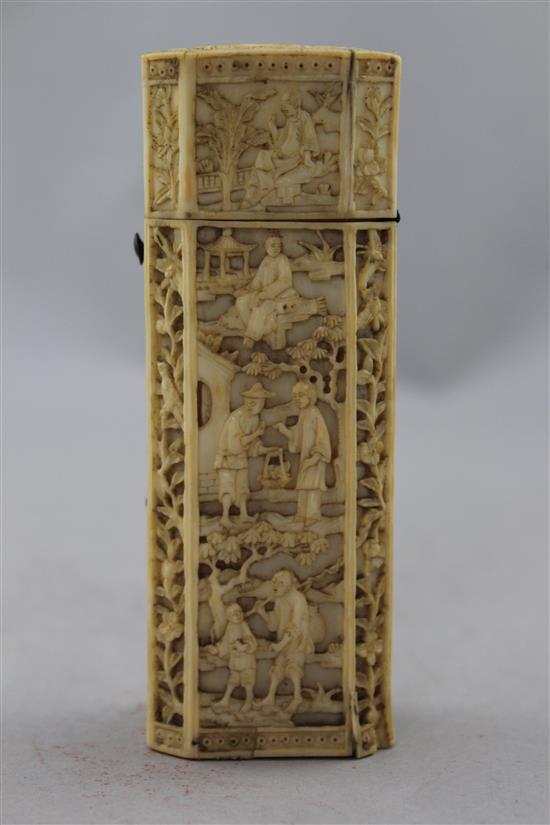 A Chinese export ivory etui case, c.1800, 12cm., slight losses